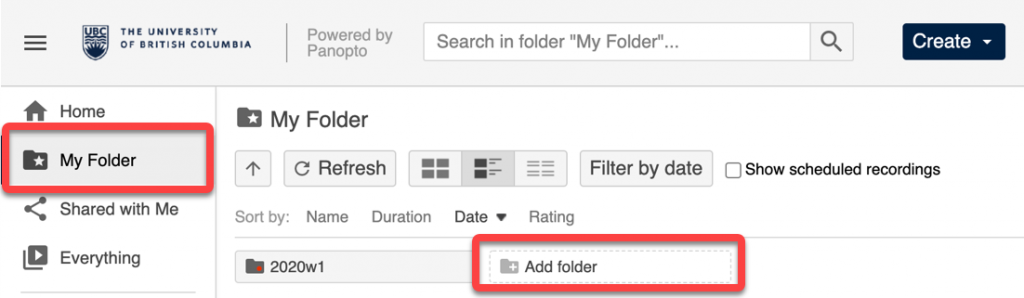 Add folder in Panopto