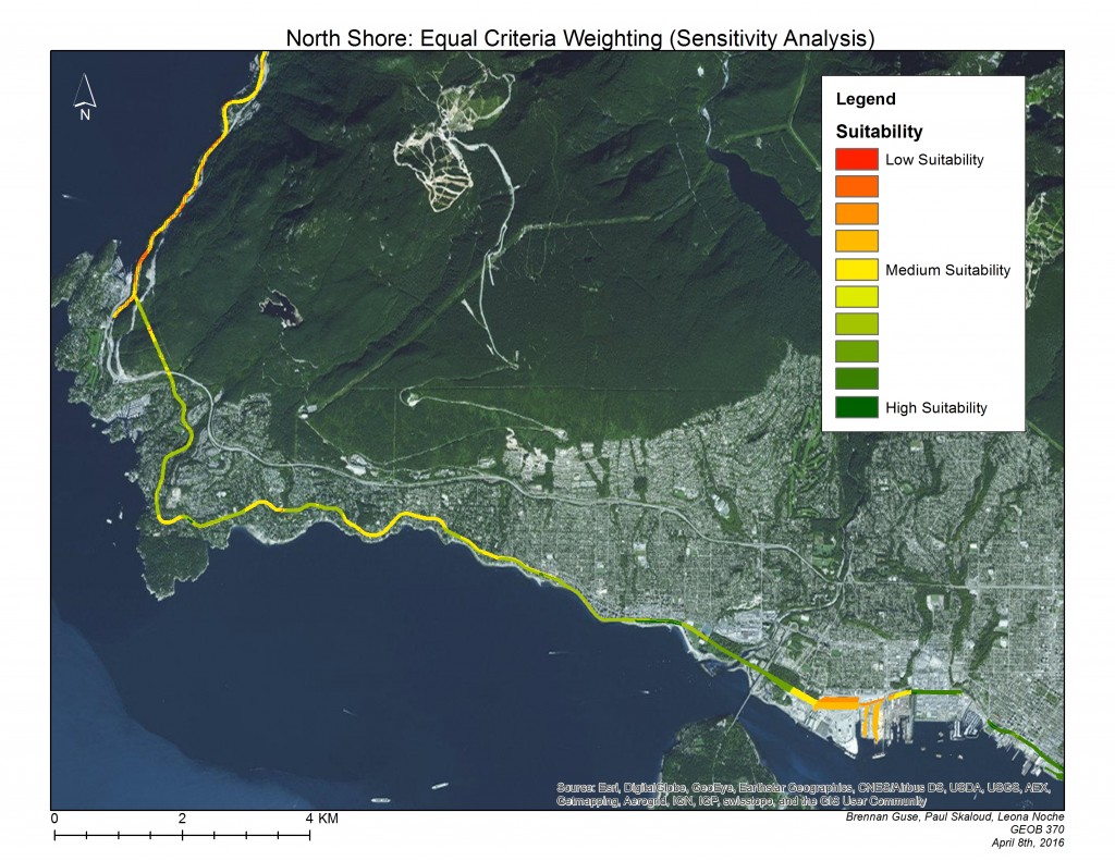 Map 6: Sensitivity test of Suitability of Train Stations in West Vancouver, District of North Vancouver, and City of North Vancouver.