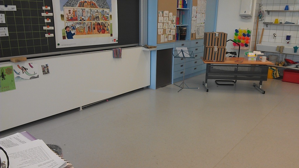 The front area where the students sit on stools in a circle