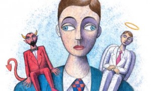 Angel and devil on shoulder
