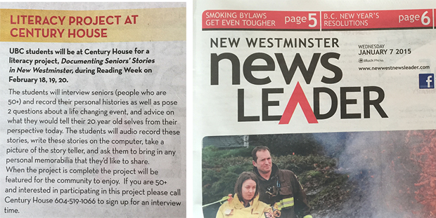 The project was promoted in the New Westminster News Leader.