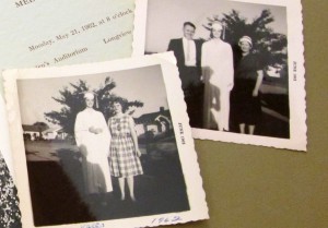 Sharon in her graduation gown, standing beside her mother, father and half-sister