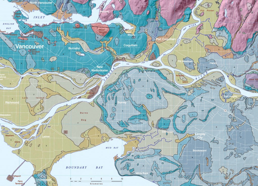 Geological map of the uplands and lowlands of the lower Fraser Valley.