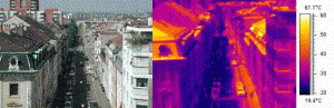 Left: View down the Basel street canyon (tower base on right side near cream trailer) Right: Thermography of canyon and roofs in mid-afternoon.