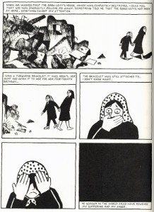 Marji finding her friend's house having been destroyed and sees part of her body. The last frame shows Satrapi unable to draw her true emotions.