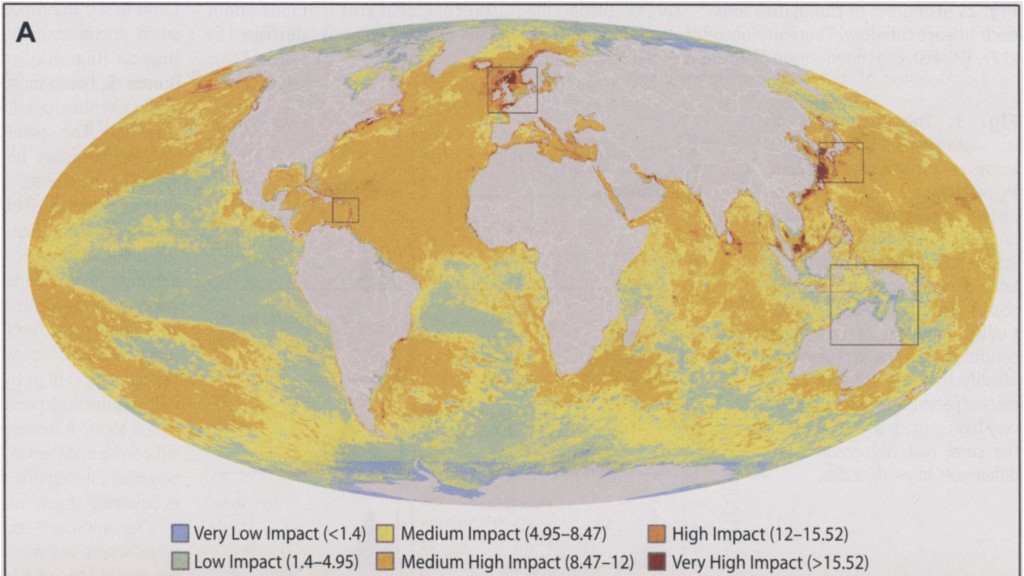 This map shows the intensity of human impacts in marine areas from high impacts (red) to low impacts (blue). Notice that Antarctica has experienced very low impact from humans, which is why it is still so pristine. Making the Ross Sea an MPA would allow CCAMLR to maintain the beauty and life of the area. (From Halpern et al 2008)