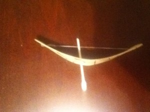 This is a miniature bow and arrow (that actually works) that a student was able to create in order to demonstrate the ways in which medieval weaponry functioned in the 14th century.