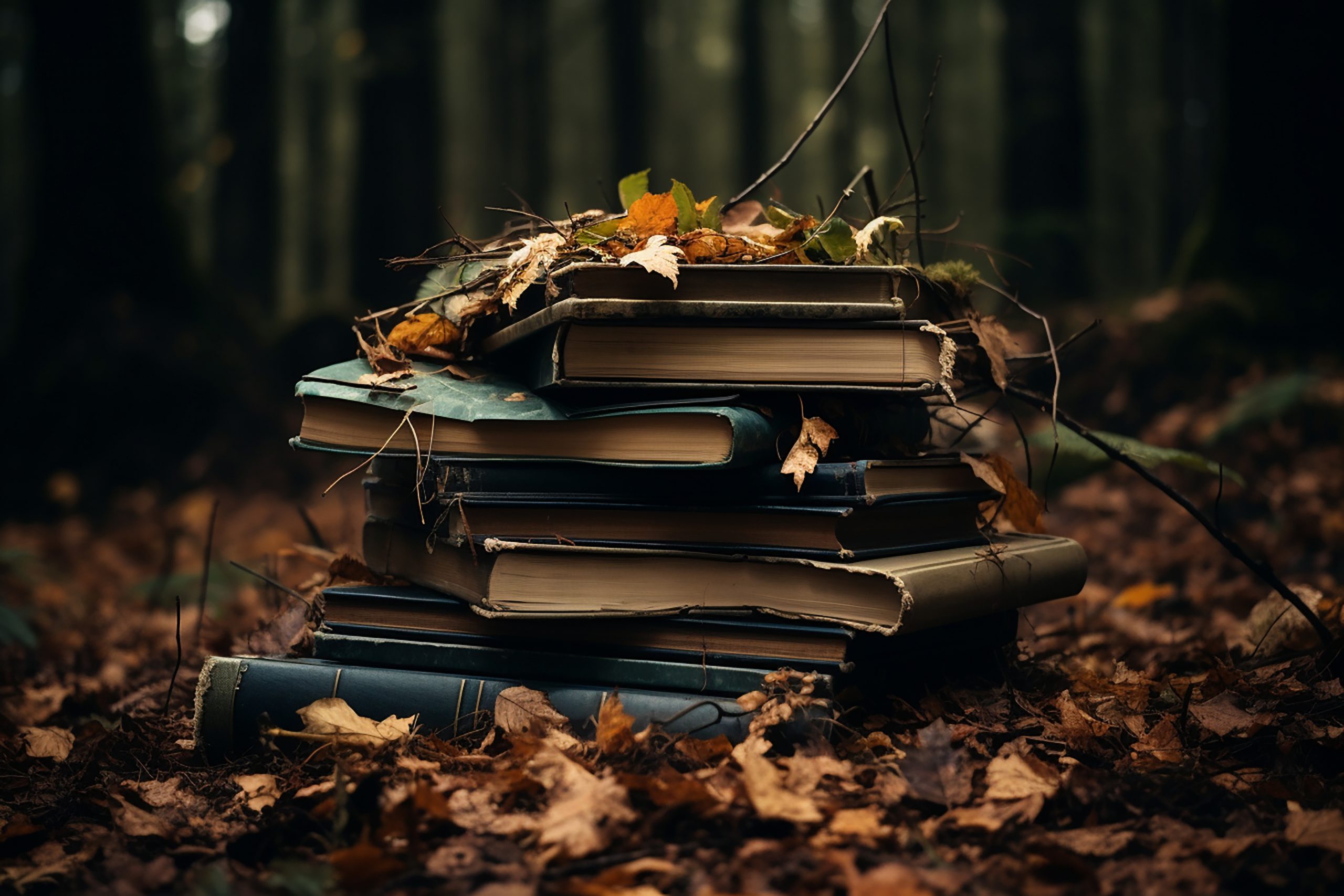 books in a pile covered in leaves on a forest floor